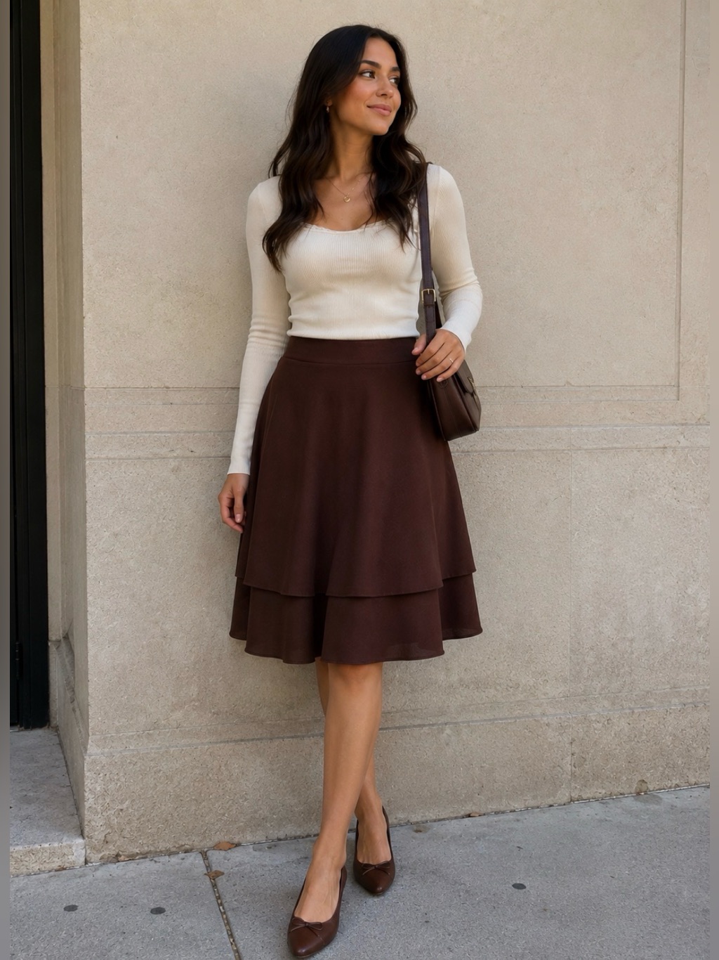 Miss Venus Brown Layered Flare Skirt Size 42 (Usa 10 ) Casual Elegant Midi Skirt
